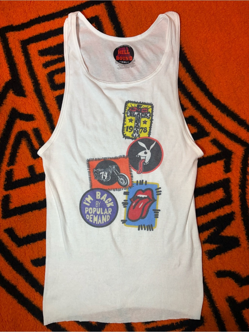 White Graphic Tank Top with Retro Patch Prints